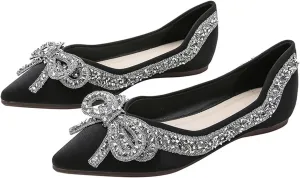 Women's Rhinestone Bow Ballet Flats Shoes，Cute Closed Pointed Toe Slip-On Loafers Comfortable and Lightweight Wedding Dress Shoes