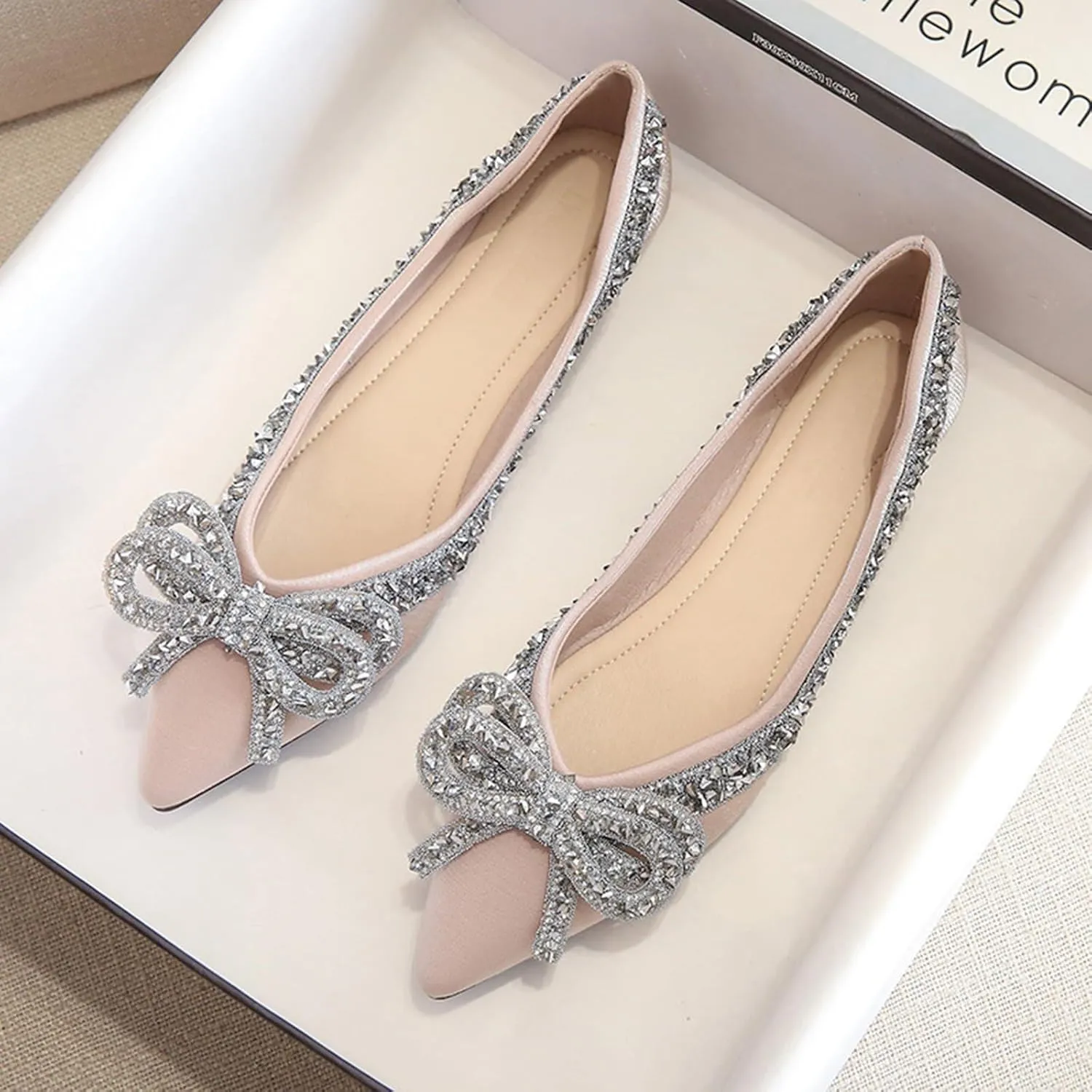 Women's Rhinestone Bow Ballet Flats Shoes，Cute Closed Pointed Toe Slip-On Loafers Comfortable and Lightweight Wedding Dress Shoes
