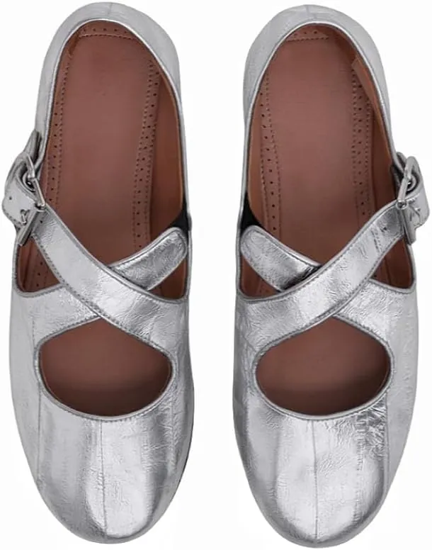 Women's Round Toe Mary Jane Flats with Cross Strap and Ankle Buckle Closure Comfortable Daily Dress Ballerina Shoes