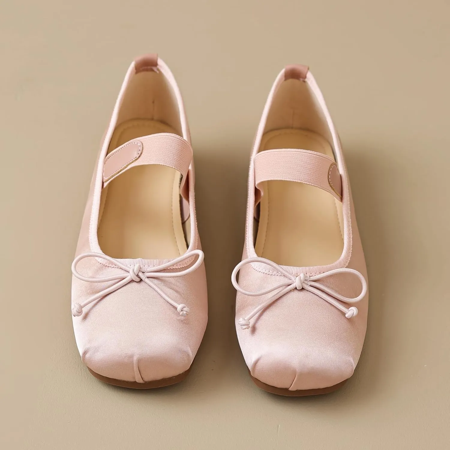 Women's Satin Ballet Flats Square Toe Slip on Bowknot Shoes Elastic Strap Ballets Shoes