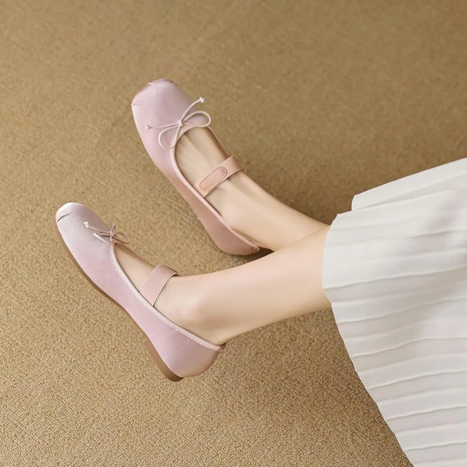 Women's Satin Ballet Flats Square Toe Slip on Bowknot Shoes Elastic Strap Ballets Shoes