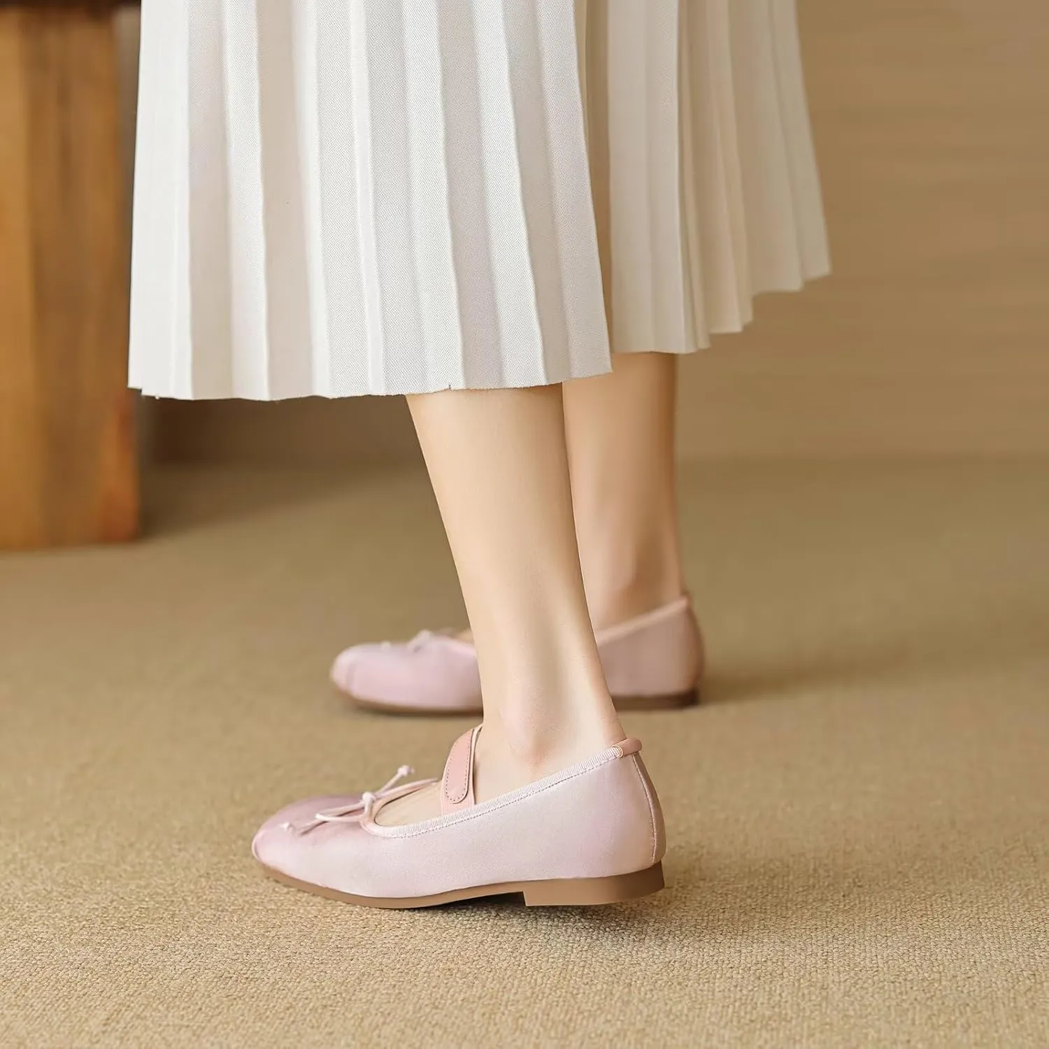 Women's Satin Ballet Flats Square Toe Slip on Bowknot Shoes Elastic Strap Ballets Shoes