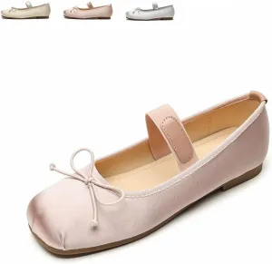 Women's Satin Ballet Flats Square Toe Slip on Bowknot Shoes Elastic Strap Ballets Shoes