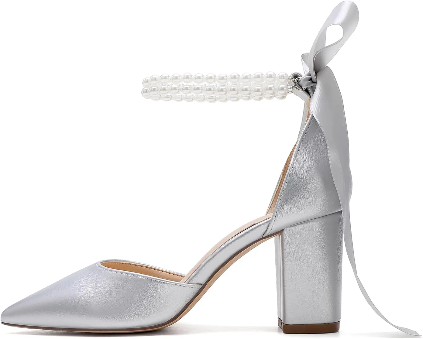 Women's Satin Block Heel Wedding Sandals,High Chunky Ankle Strap Pearl Wedding Dress Shoes,High Heel Bridal Pump Sandals