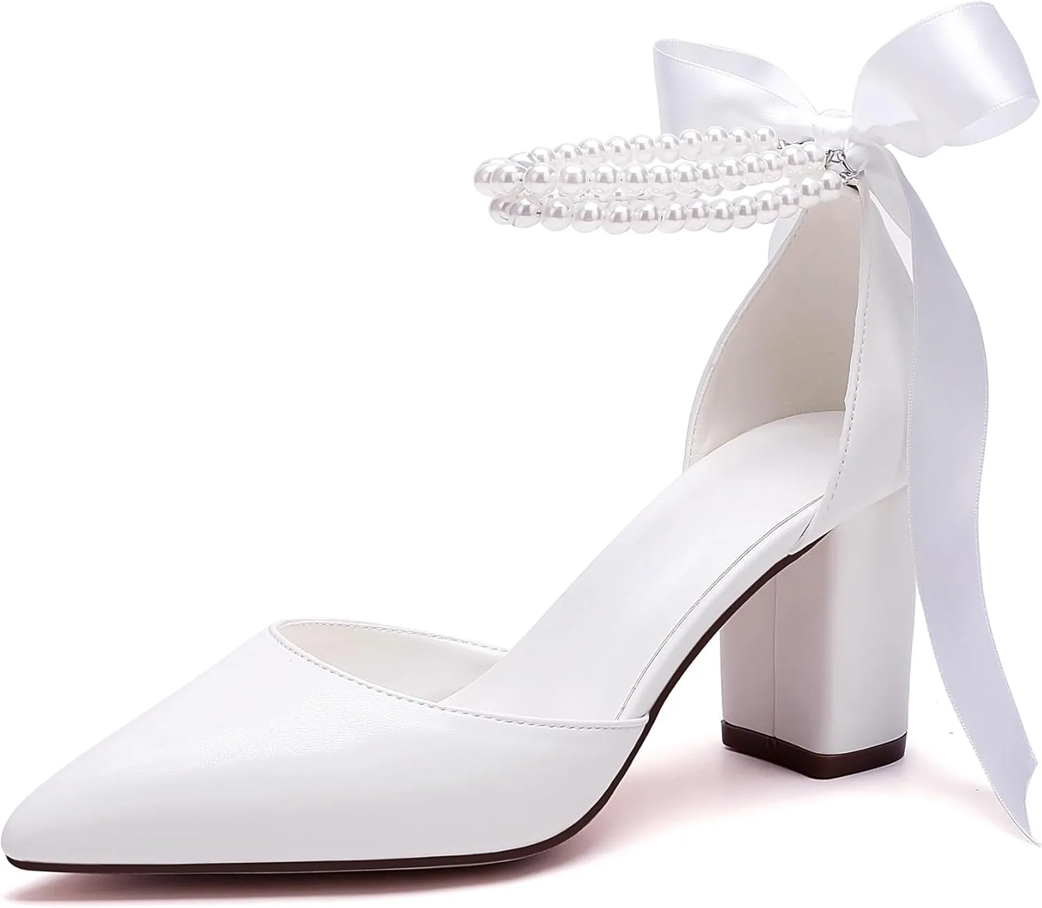 Women's Satin Block Heel Wedding Sandals,High Chunky Ankle Strap Pearl Wedding Dress Shoes,High Heel Bridal Pump Sandals