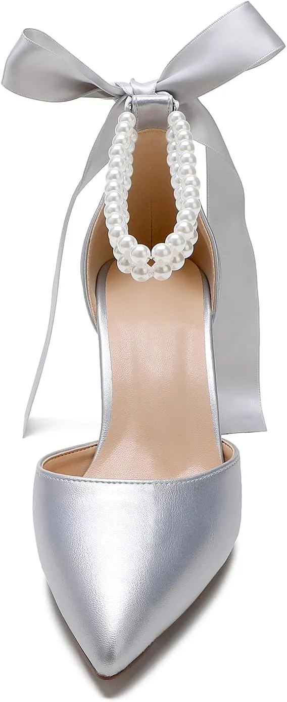 Women's Satin Block Heel Wedding Sandals,High Chunky Ankle Strap Pearl Wedding Dress Shoes,High Heel Bridal Pump Sandals