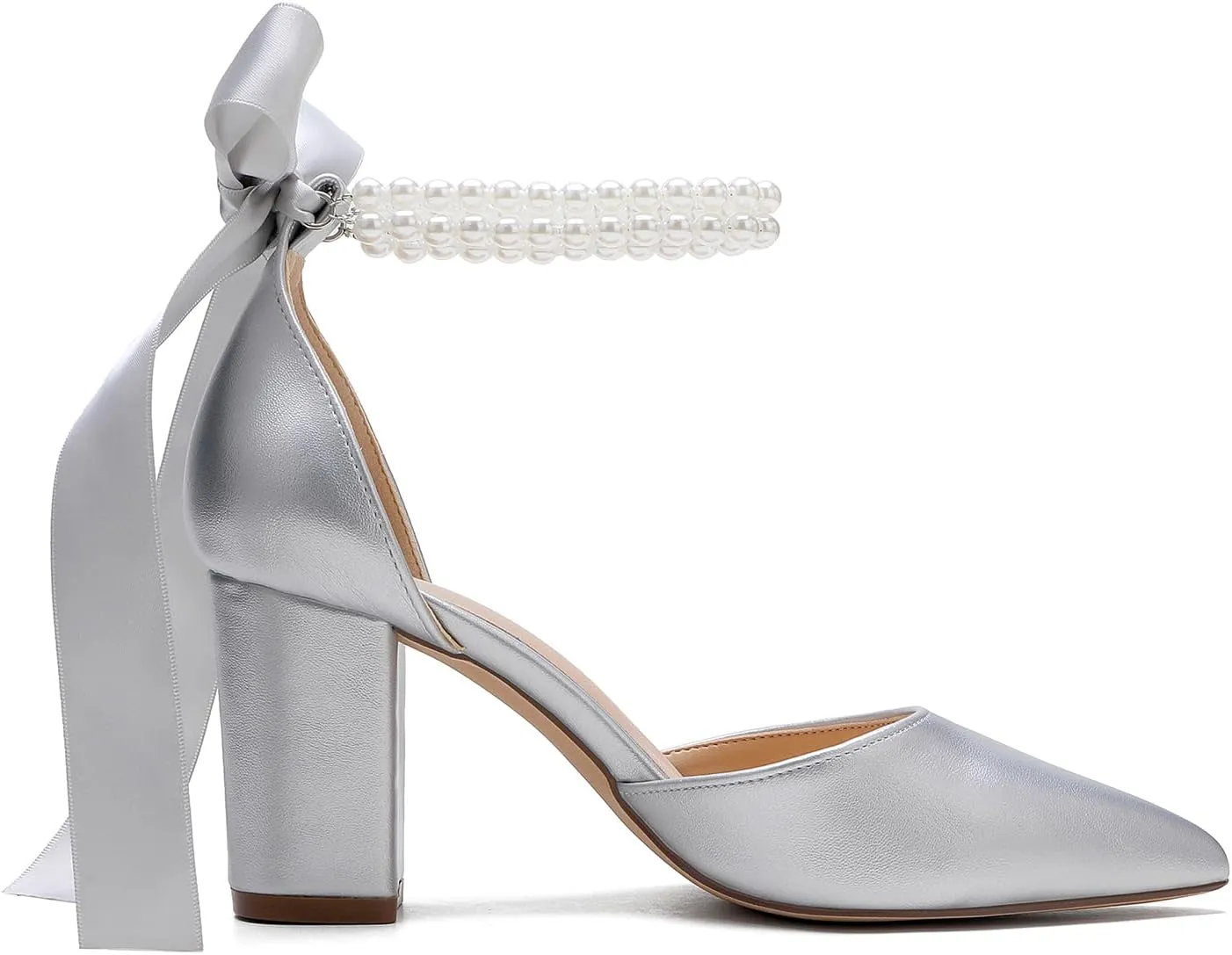 Women's Satin Block Heel Wedding Sandals,High Chunky Ankle Strap Pearl Wedding Dress Shoes,High Heel Bridal Pump Sandals