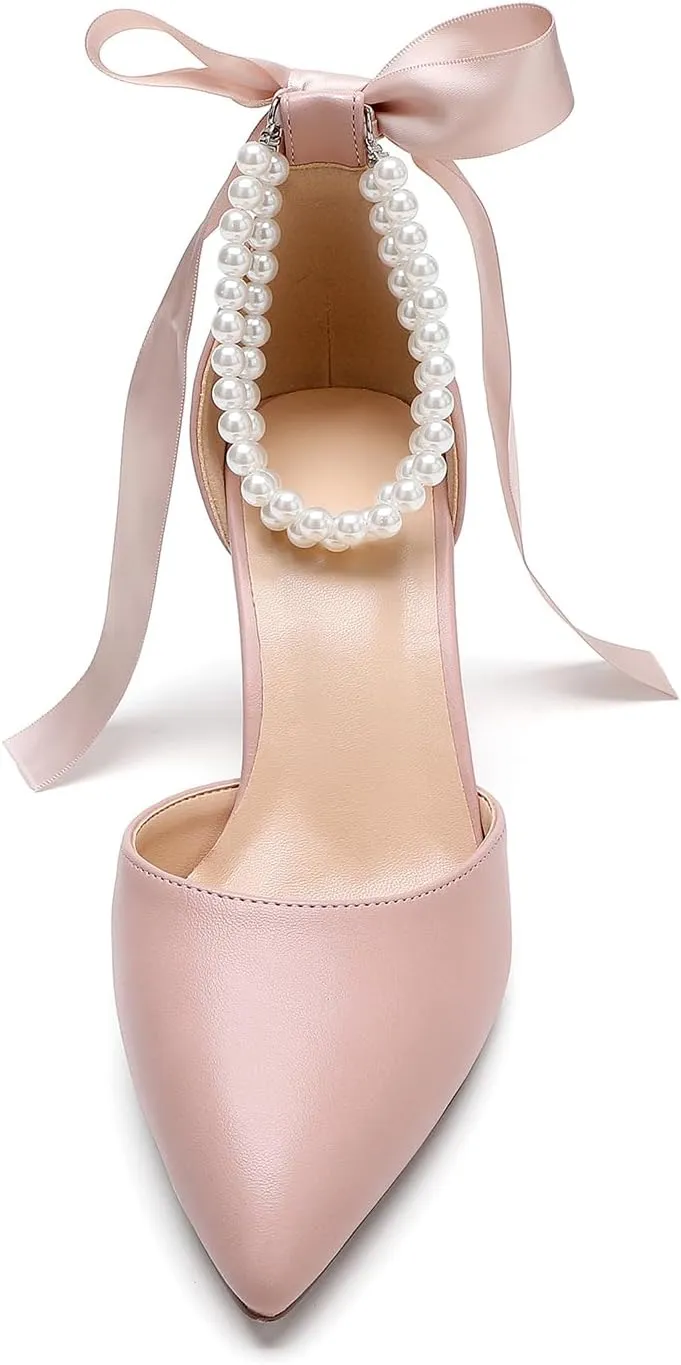 Women's Satin Block Heel Wedding Sandals,High Chunky Ankle Strap Pearl Wedding Dress Shoes,High Heel Bridal Pump Sandals