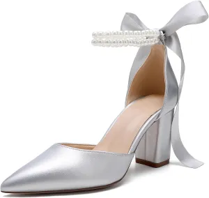 Women's Satin Block Heel Wedding Sandals,High Chunky Ankle Strap Pearl Wedding Dress Shoes,High Heel Bridal Pump Sandals