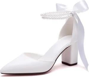 Women's Satin Block Heel Wedding Sandals,High Chunky Ankle Strap Pearl Wedding Dress Shoes,High Heel Bridal Pump Sandals
