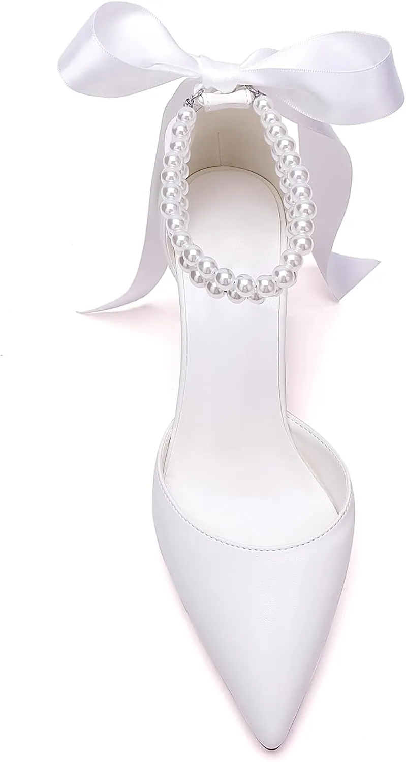 Women's Satin Block Heel Wedding Sandals,High Chunky Ankle Strap Pearl Wedding Dress Shoes,High Heel Bridal Pump Sandals