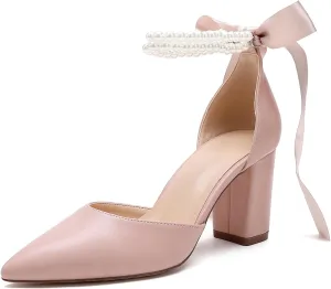 Women's Satin Block Heel Wedding Sandals,High Chunky Ankle Strap Pearl Wedding Dress Shoes,High Heel Bridal Pump Sandals