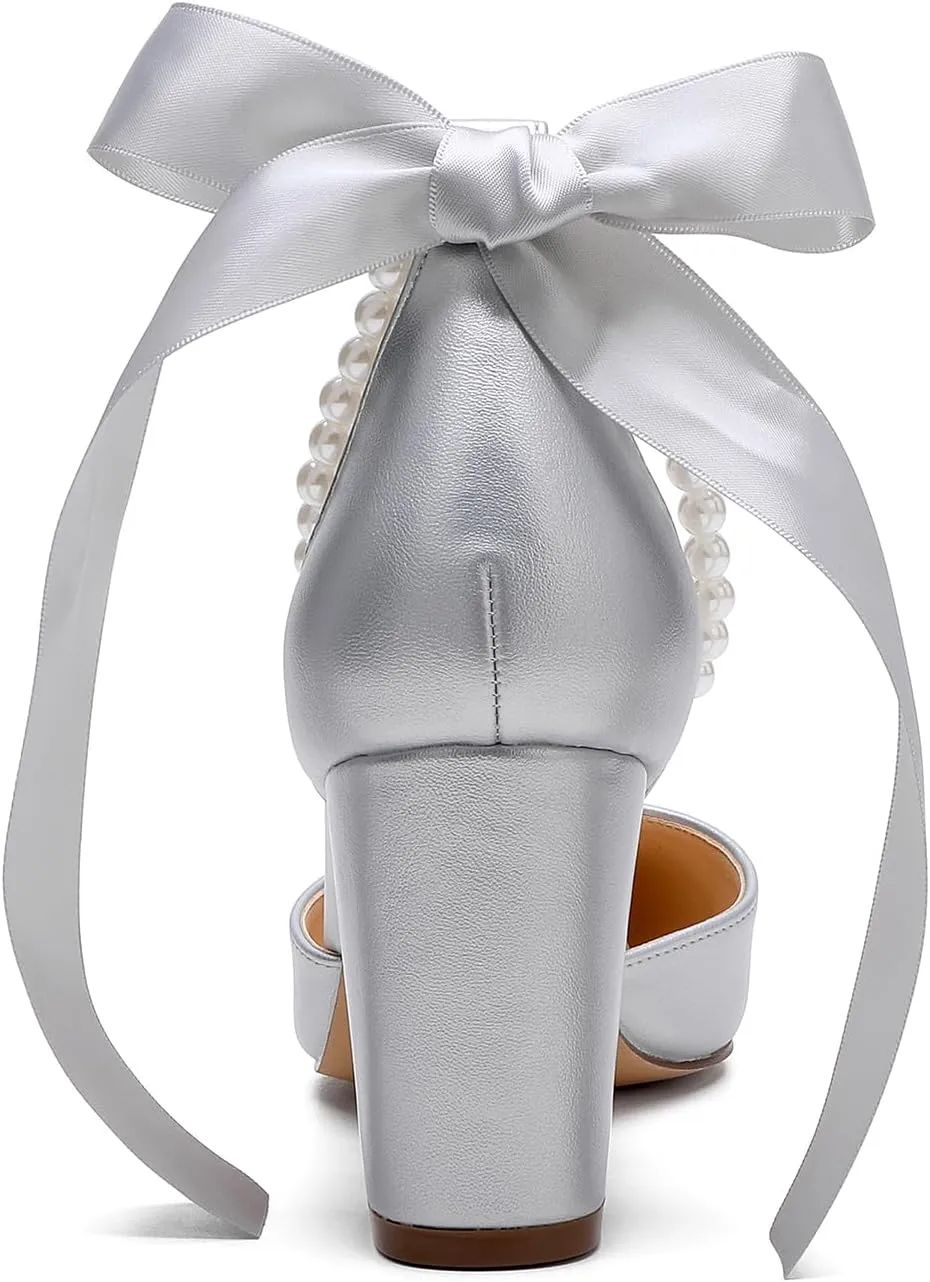 Women's Satin Block Heel Wedding Sandals,High Chunky Ankle Strap Pearl Wedding Dress Shoes,High Heel Bridal Pump Sandals