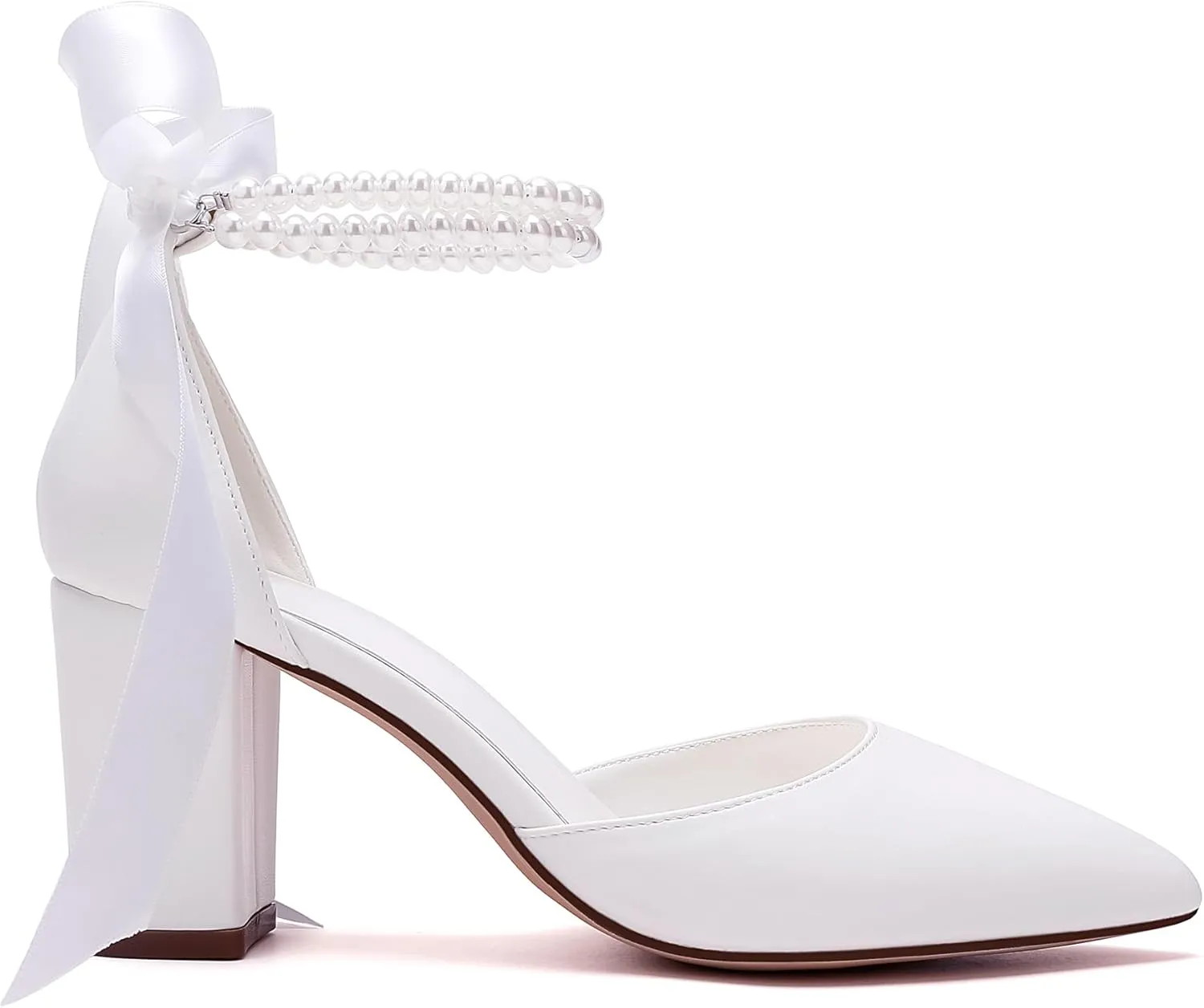 Women's Satin Block Heel Wedding Sandals,High Chunky Ankle Strap Pearl Wedding Dress Shoes,High Heel Bridal Pump Sandals