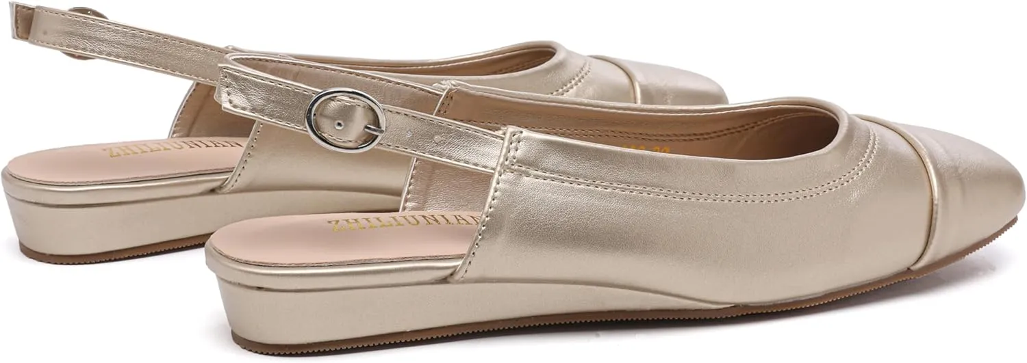 Women's Slingback Low Heel Pumps,Ladies Closed Square Toe Wedge Sandals Dressy Casual Trendy Comfortable Buckle Fancy Business Office Teacher Holiday Leather Shoe