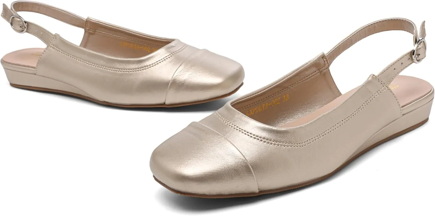 Women's Slingback Low Heel Pumps,Ladies Closed Square Toe Wedge Sandals Dressy Casual Trendy Comfortable Buckle Fancy Business Office Teacher Holiday Leather Shoe