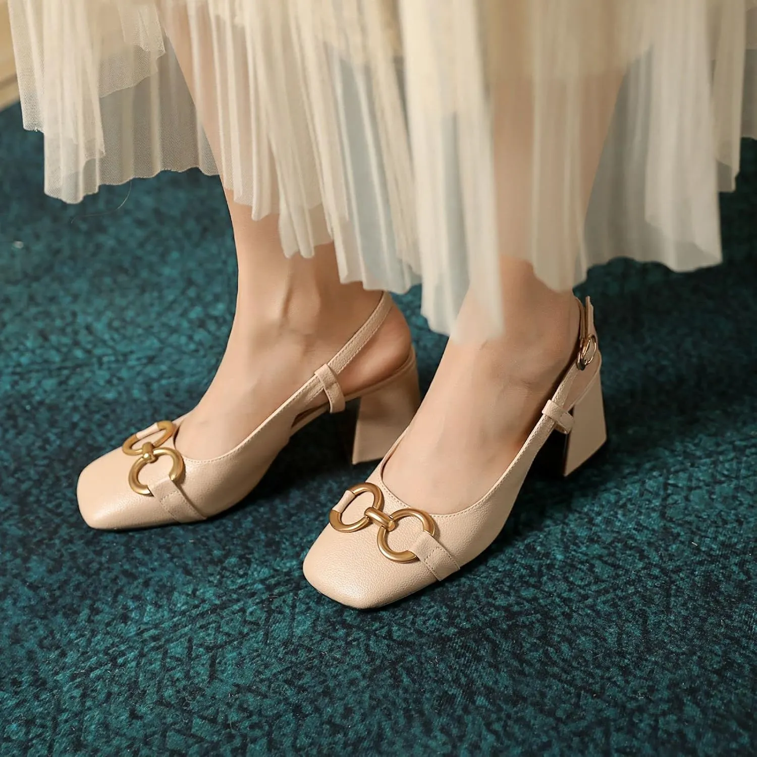 Women's Slingback Square Toe Chunky High Heels Sandals Ankle Buckle Dress Summer Pumps