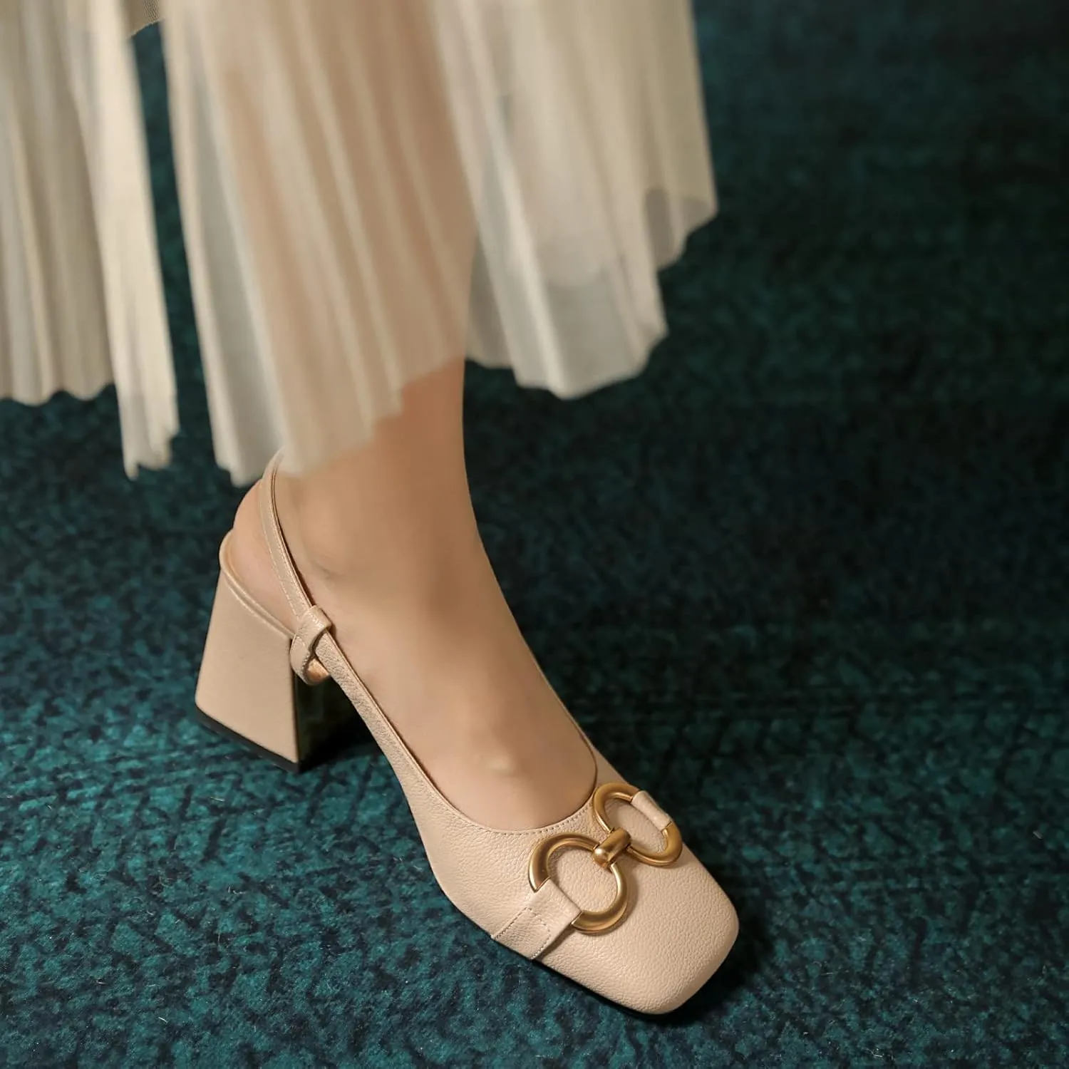 Women's Slingback Square Toe Chunky High Heels Sandals Ankle Buckle Dress Summer Pumps