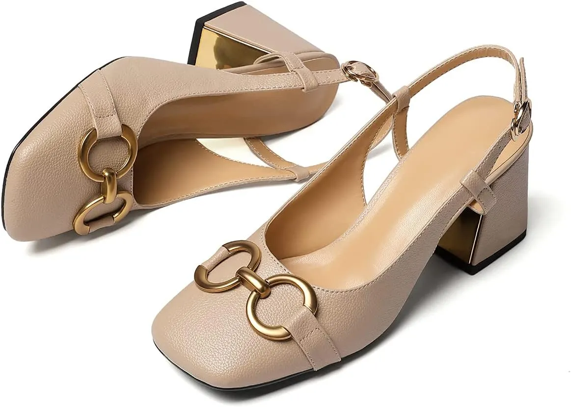 Women's Slingback Square Toe Chunky High Heels Sandals Ankle Buckle Dress Summer Pumps