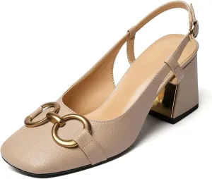 Women's Slingback Square Toe Chunky High Heels Sandals Ankle Buckle Dress Summer Pumps