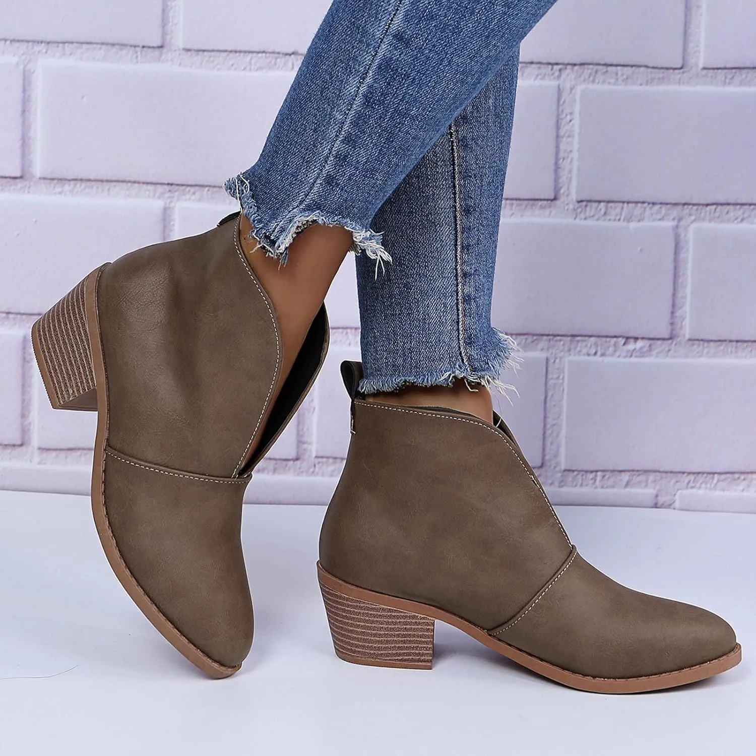 Womens Slip on Ankle Boots Vintage Pointed Toe V Cutout Stacked Chunky Mid Heel Booties Leopard Print Ladies Casual Comfy Block Heel Shoes