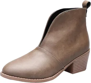 Womens Slip on Ankle Boots Vintage Pointed Toe V Cutout Stacked Chunky Mid Heel Booties Leopard Print Ladies Casual Comfy Block Heel Shoes
