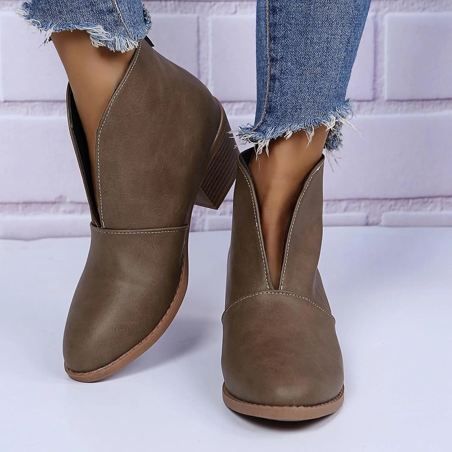 Womens Slip on Ankle Boots Vintage Pointed Toe V Cutout Stacked Chunky Mid Heel Booties Leopard Print Ladies Casual Comfy Block Heel Shoes