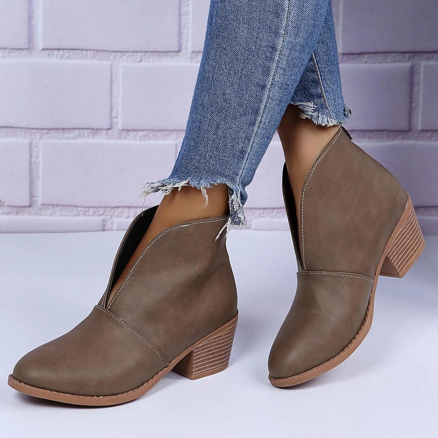 Womens Slip on Ankle Boots Vintage Pointed Toe V Cutout Stacked Chunky Mid Heel Booties Leopard Print Ladies Casual Comfy Block Heel Shoes