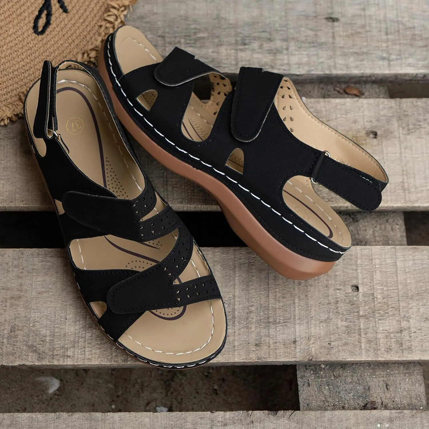 Women's Solid Color Platform Sandals Casual Ankle Strap Slingback Wedge Shoes Summer Comfy Shoes