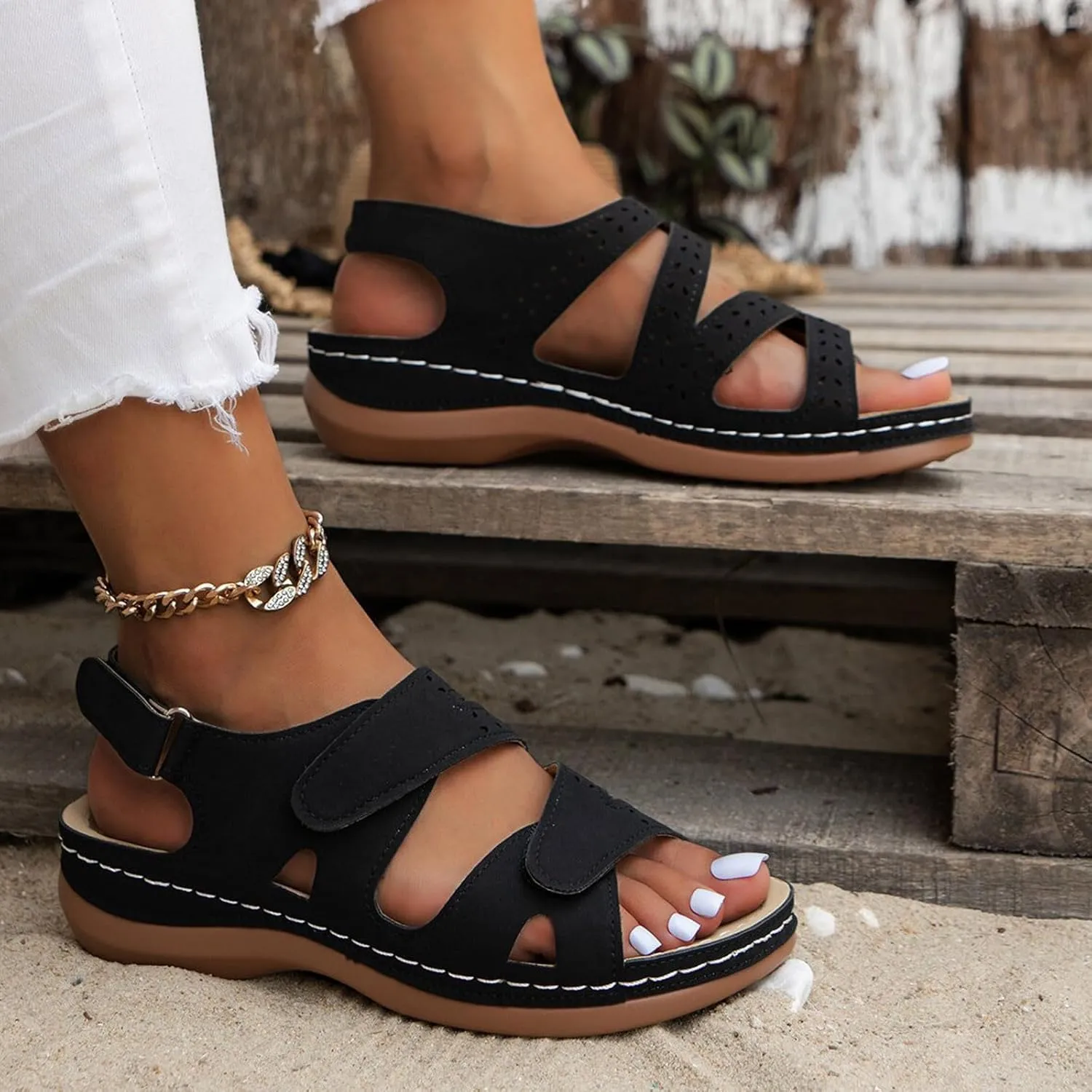 Women's Solid Color Platform Sandals Casual Ankle Strap Slingback Wedge Shoes Summer Comfy Shoes