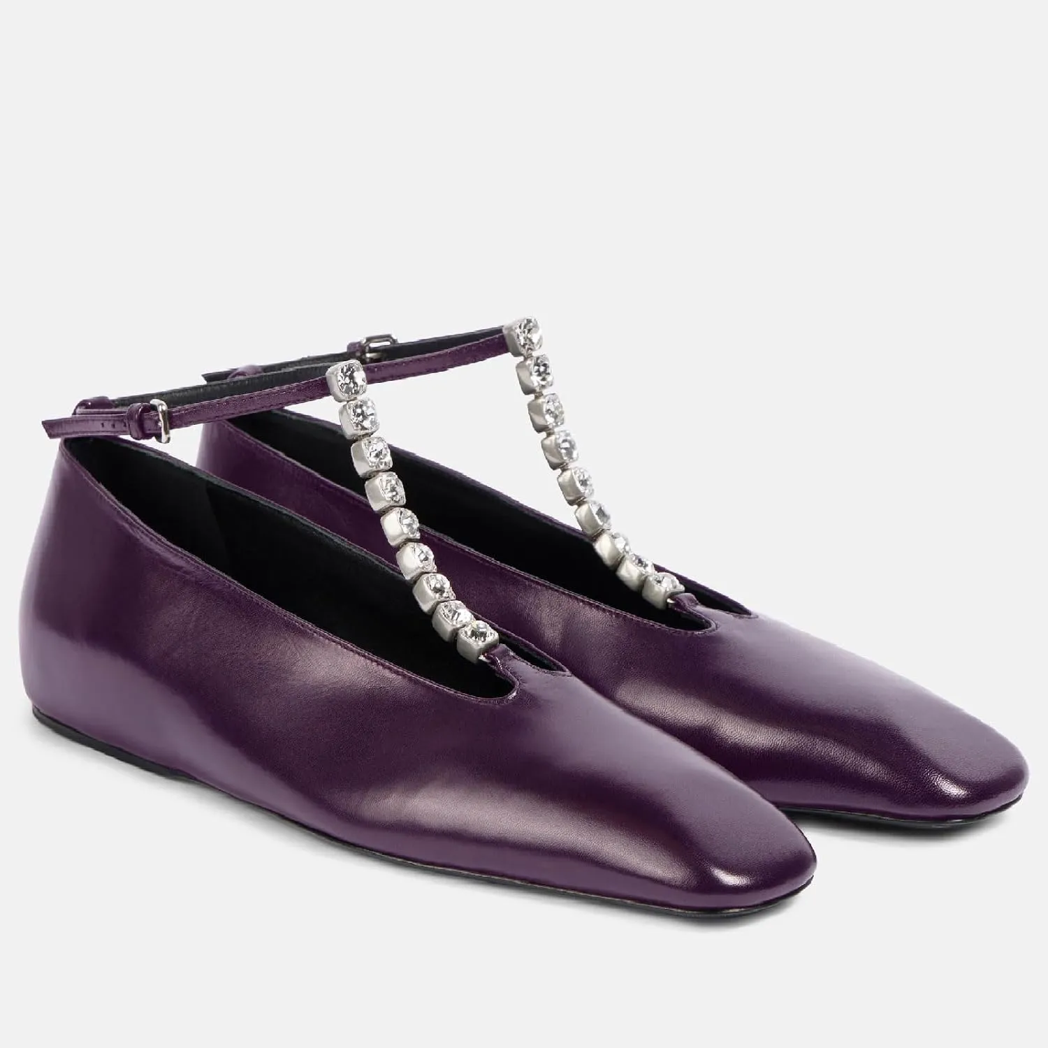 Women's Square Toe Ballet Flats Fashion T-Strap with Crystal Bar Flat Shoes Closed Toe Ankle Straps with Buckle Casual Office Dressy Flats for Women