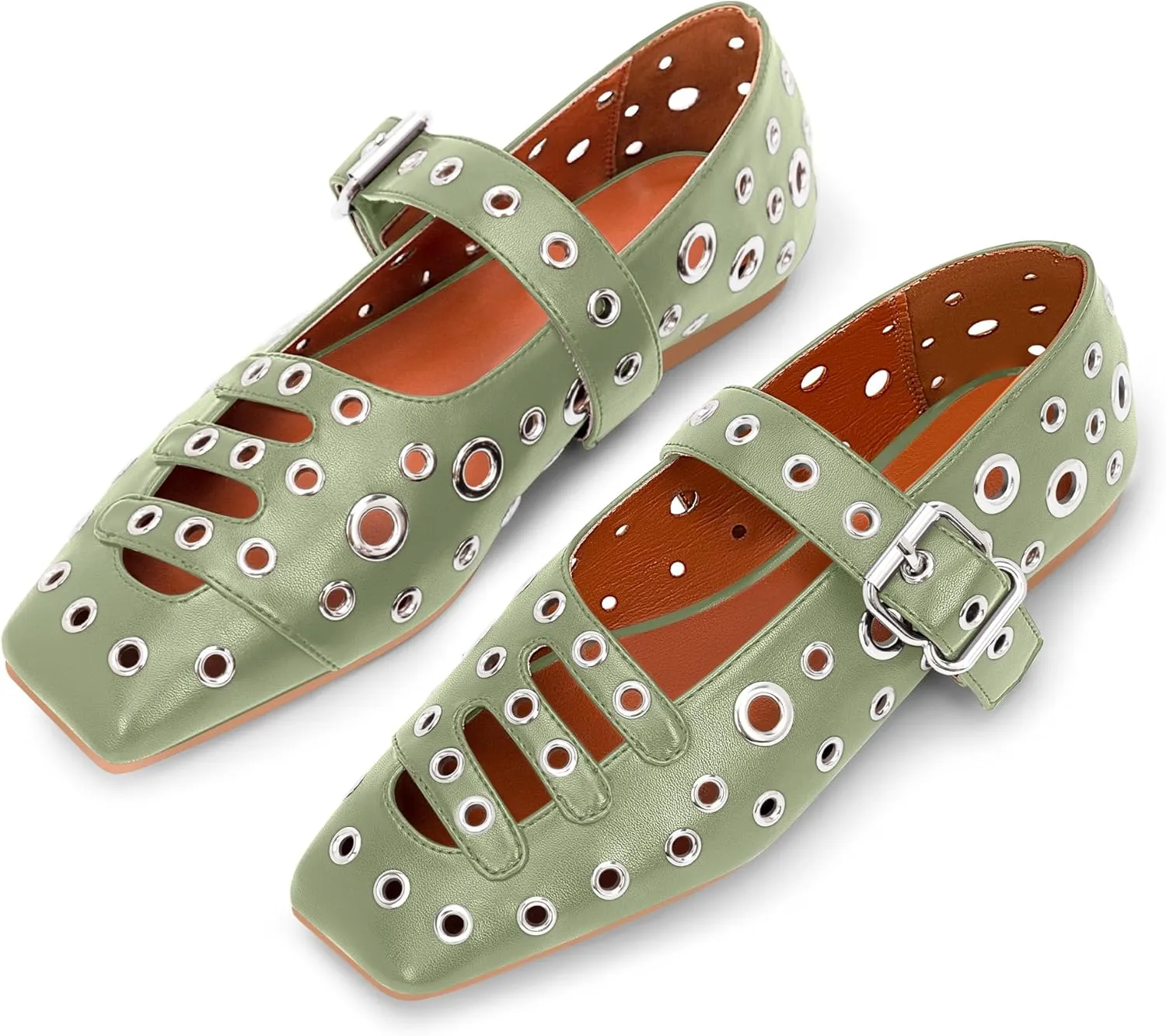 Women's Square Toe Ballet Flats Studded Metal Eyelet Perforated Hollow Out Buckle Mary Janes Shoes