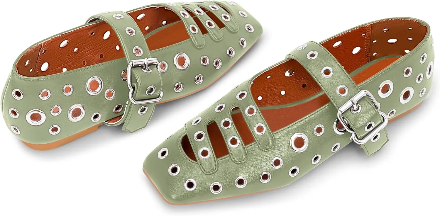 Women's Square Toe Ballet Flats Studded Metal Eyelet Perforated Hollow Out Buckle Mary Janes Shoes