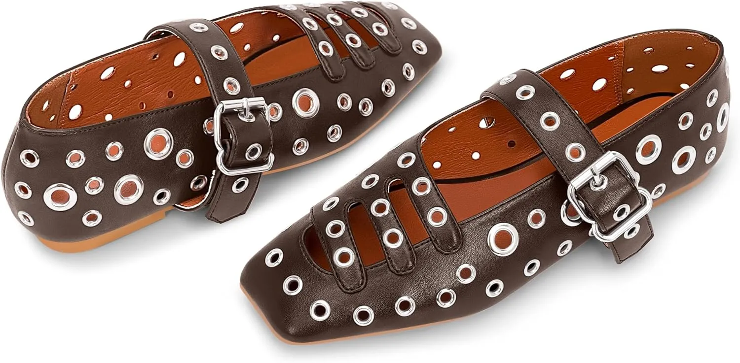 Women's Square Toe Ballet Flats Studded Metal Eyelet Perforated Hollow Out Buckle Mary Janes Shoes