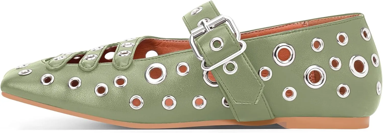 Women's Square Toe Ballet Flats Studded Metal Eyelet Perforated Hollow Out Buckle Mary Janes Shoes