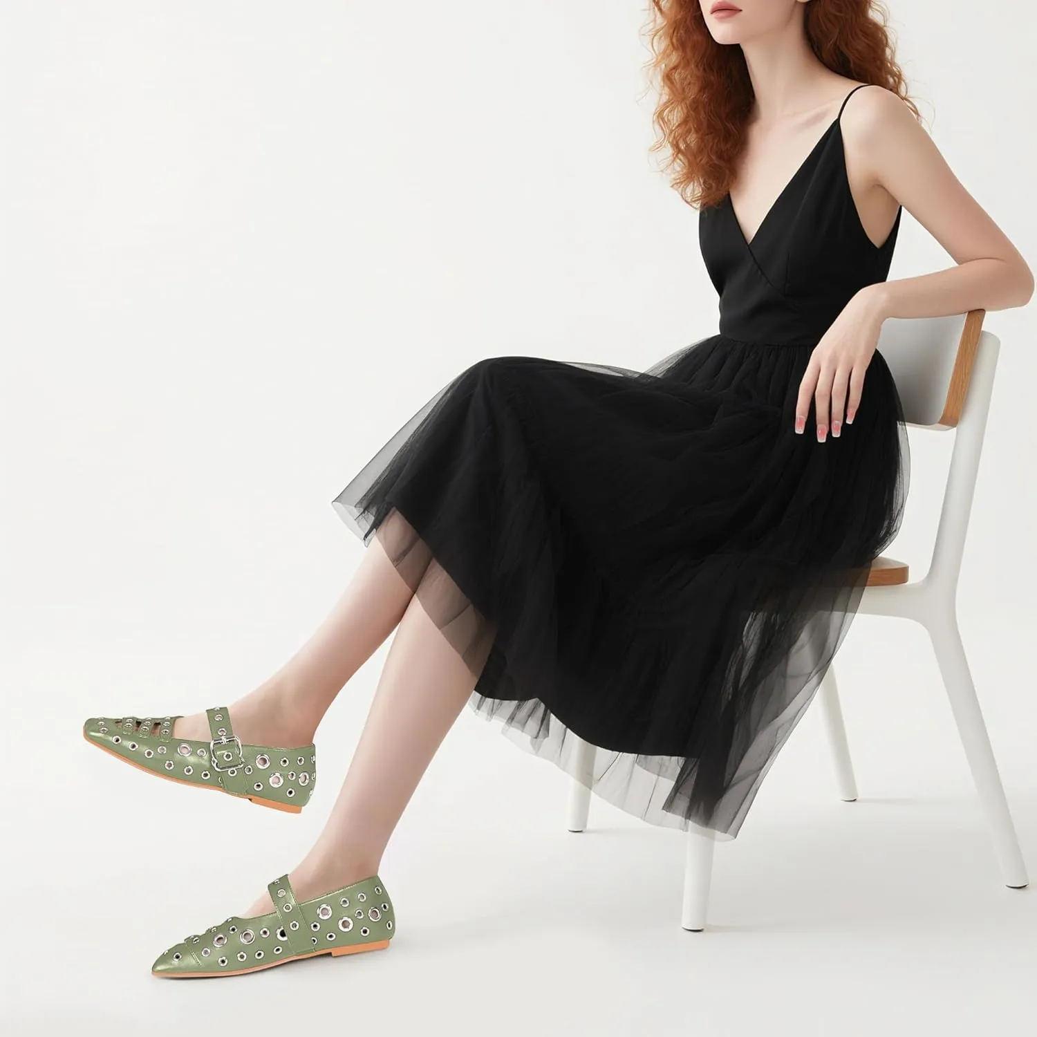 Women's Square Toe Ballet Flats Studded Metal Eyelet Perforated Hollow Out Buckle Mary Janes Shoes