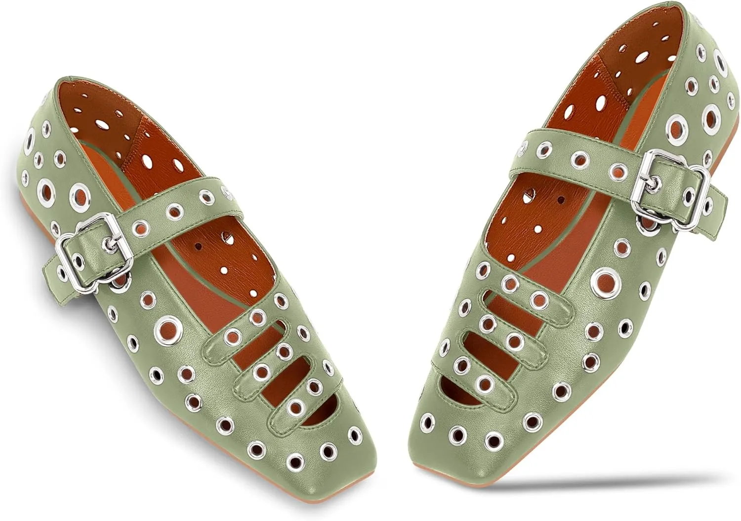 Women's Square Toe Ballet Flats Studded Metal Eyelet Perforated Hollow Out Buckle Mary Janes Shoes