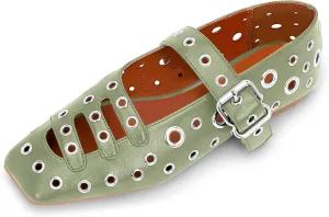Women's Square Toe Ballet Flats Studded Metal Eyelet Perforated Hollow Out Buckle Mary Janes Shoes