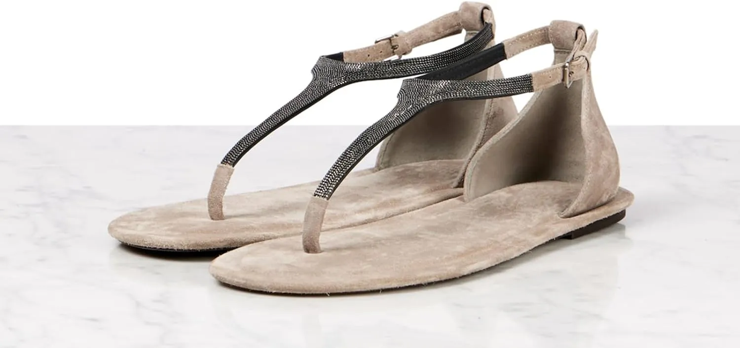 Women's Suede Flat Sandals T-Strap Ankle Buckle Summer Open Toe Thong Flats