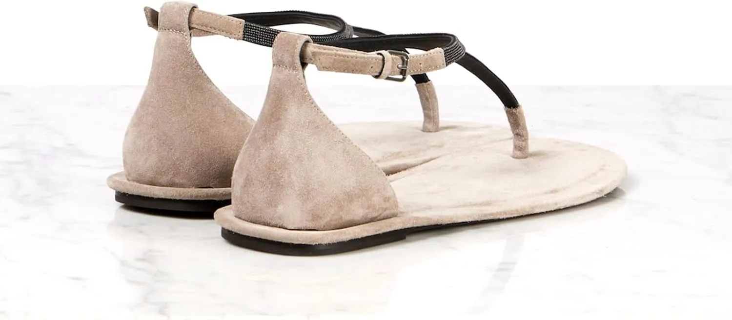 Women's Suede Flat Sandals T-Strap Ankle Buckle Summer Open Toe Thong Flats