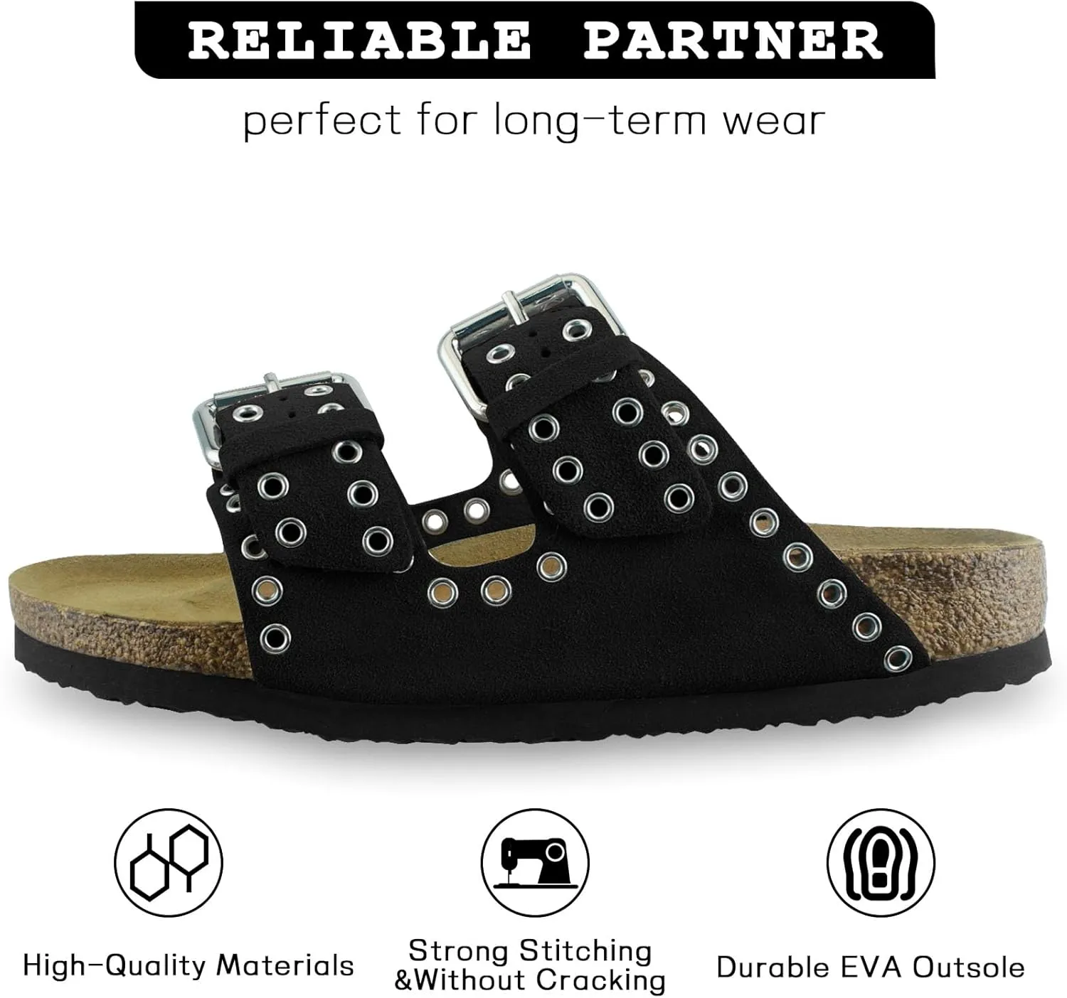 Women's Suede Sandals With Orthopedic Cork Footbed Adjustable Buckle Slides Men's Studded Open Toe Slip On Sandals