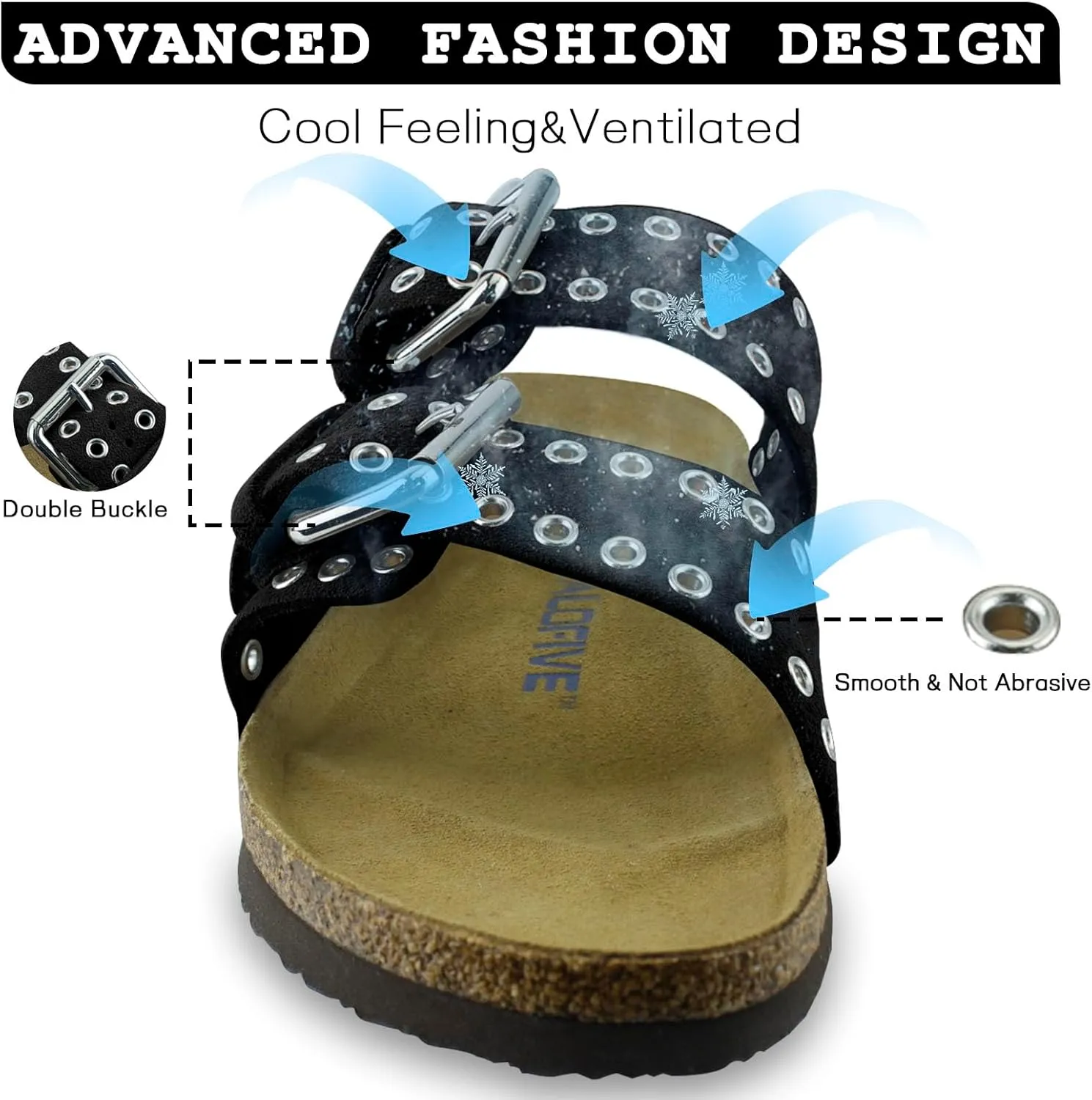 Women's Suede Sandals With Orthopedic Cork Footbed Adjustable Buckle Slides Men's Studded Open Toe Slip On Sandals