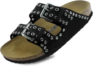 Women's Suede Sandals With Orthopedic Cork Footbed Adjustable Buckle Slides Men's Studded Open Toe Slip On Sandals