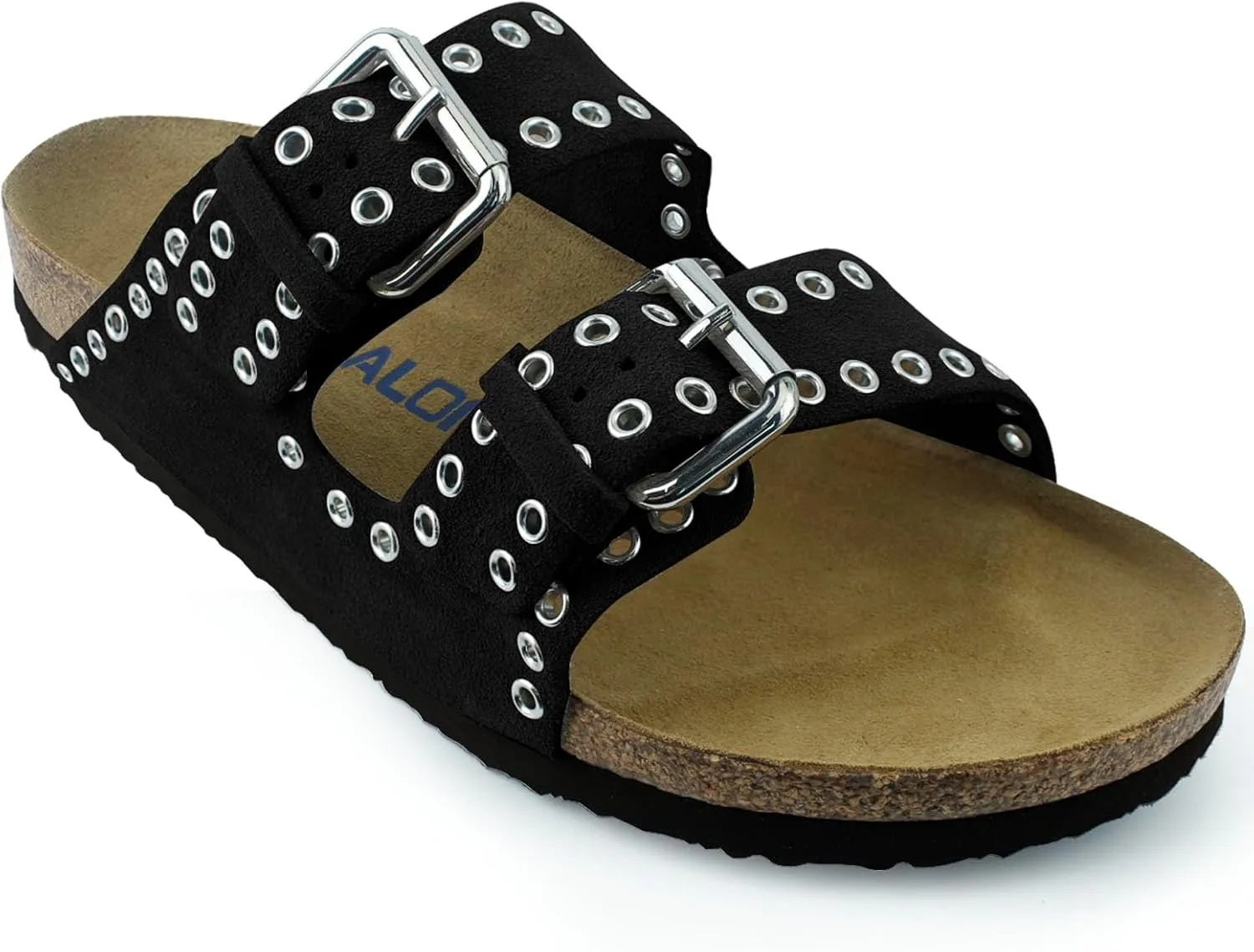 Women's Suede Sandals With Orthopedic Cork Footbed Adjustable Buckle Slides Men's Studded Open Toe Slip On Sandals