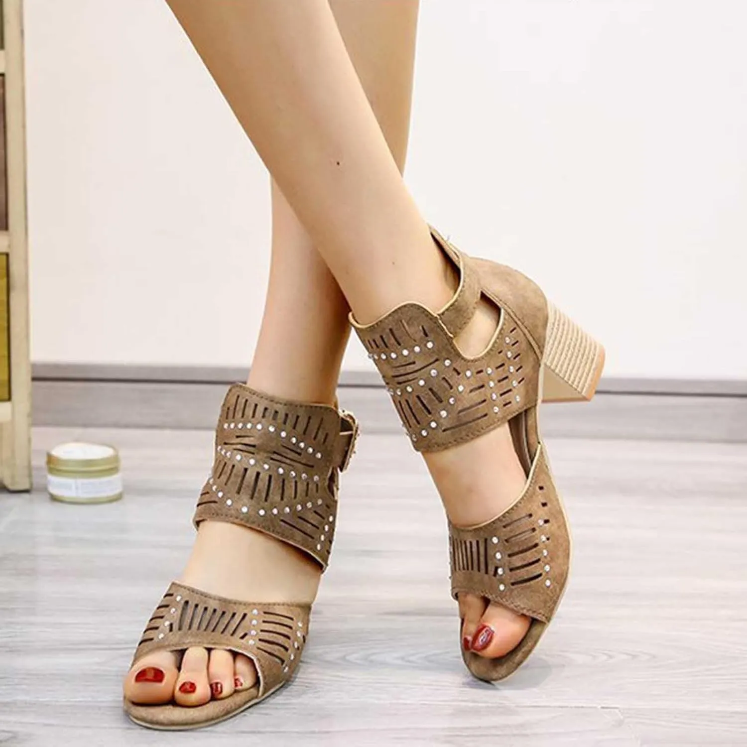 Women's Summer New Large-size Hollowed-out Rhinestone Fish Mouth Chunky High-heeled Sandals