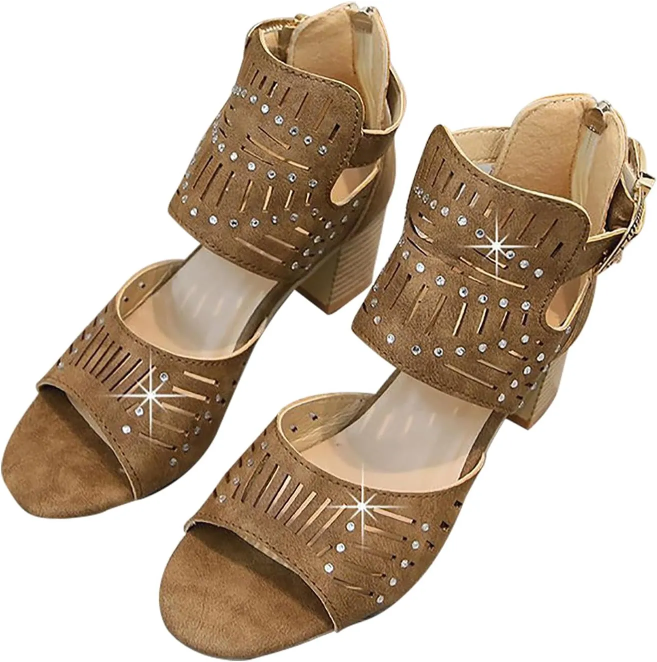 Women's Summer New Large-size Hollowed-out Rhinestone Fish Mouth Chunky High-heeled Sandals
