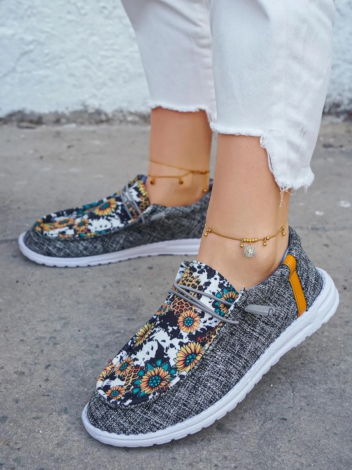 Women's Sunflower Print Slip-On Loafers, Lightweight Canvas Casual Daisy Boat Shoes, Comfortable Walking Sneakers, US 6-10