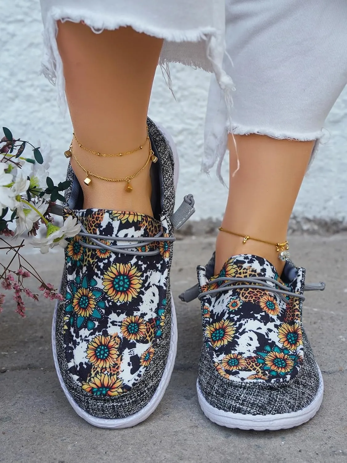 Women's Sunflower Print Slip-On Loafers, Lightweight Canvas Casual Daisy Boat Shoes, Comfortable Walking Sneakers, US 6-10