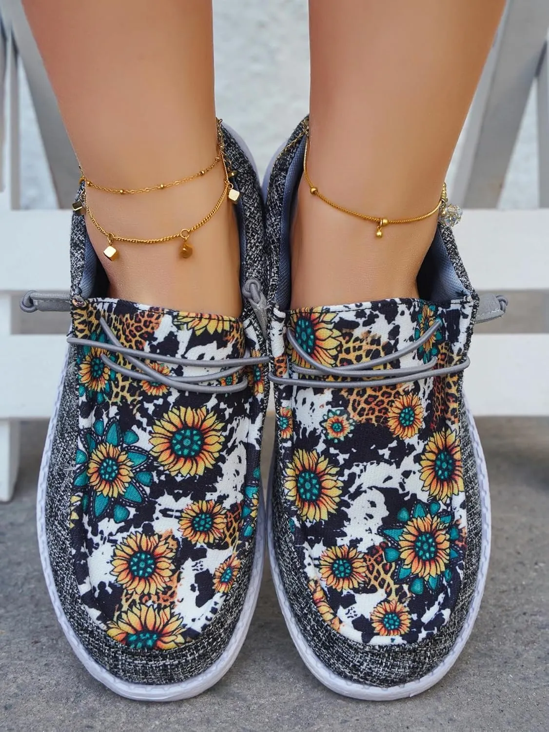 Women's Sunflower Print Slip-On Loafers, Lightweight Canvas Casual Daisy Boat Shoes, Comfortable Walking Sneakers, US 6-10