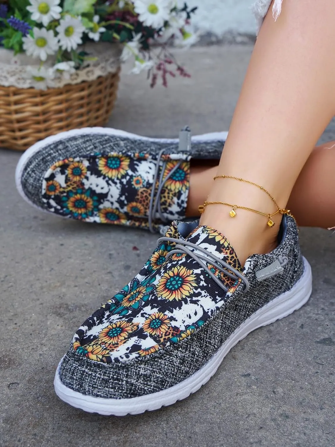 Women's Sunflower Print Slip-On Loafers, Lightweight Canvas Casual Daisy Boat Shoes, Comfortable Walking Sneakers, US 6-10
